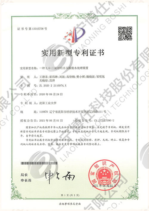 202022116974.X-Utility model patent certificate-A 2,6-dichlorop-nitroaniline wastewater treatment device 202022116974.X-Utility model patent certificate-A 2,6-dichlorop-nitroaniline wastewater treatment device